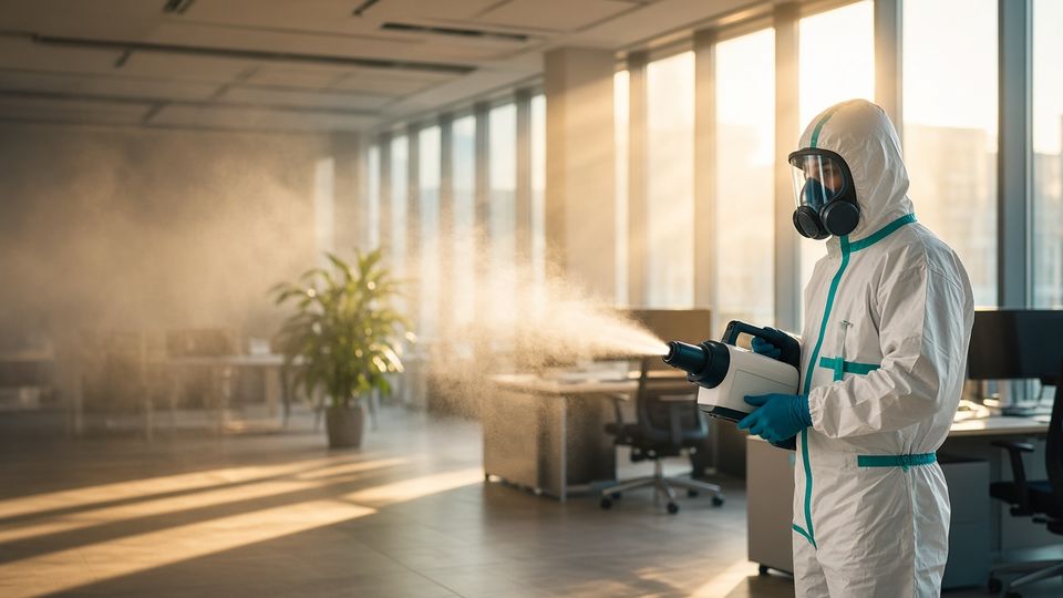 Специалист санитарной службы «ЛУЧ» проводит дезинфекцию офиса генератором холодного тумана